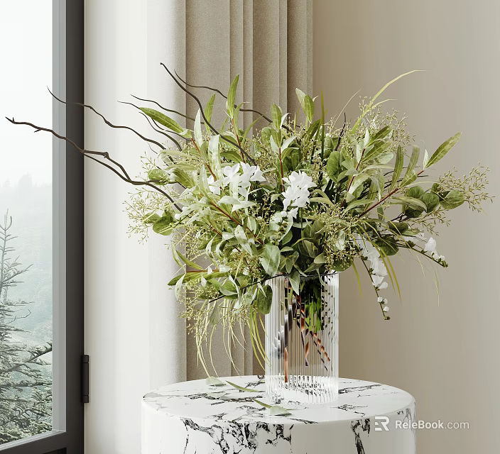Transparent Glass Vase With White Blooms Green Foliage And Slender Branches On Round Table 3d model 