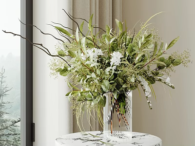 Transparent Glass Vase With White Blooms Green Foliage And Slender Branches On Round Table 3d model