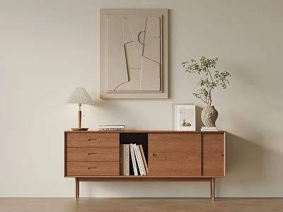 Home Decor Scene With Wooden Cabinet Table Lamp Books Vase Plant And Abstract Painting 3d model