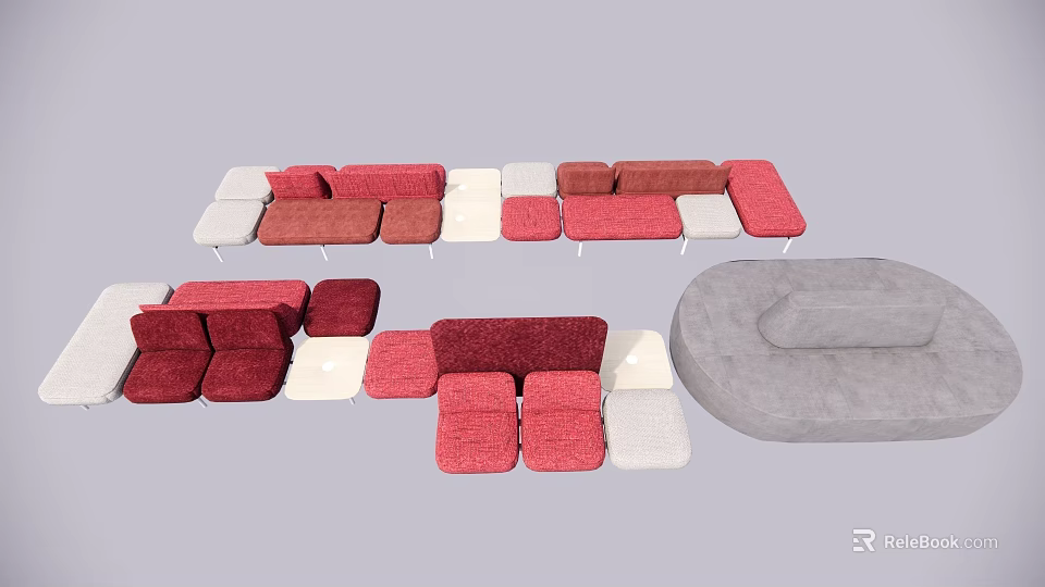 Casual Sofa Set With Red White Gray Modular Cushions And Various Combinations 3d model