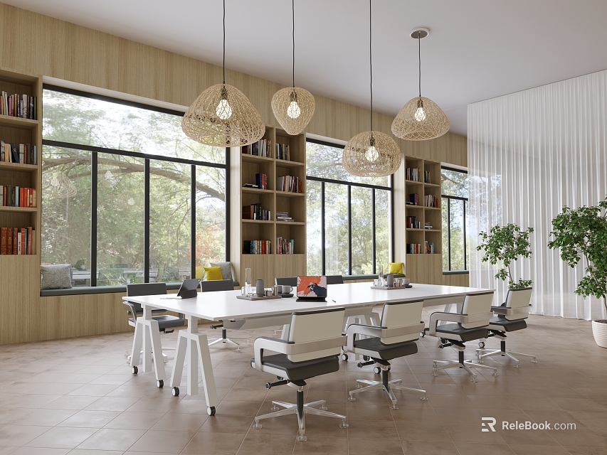 Modern Public Office Space With Wooden Bookshelves Large Windows Long Table And Office Chairs 3d model 