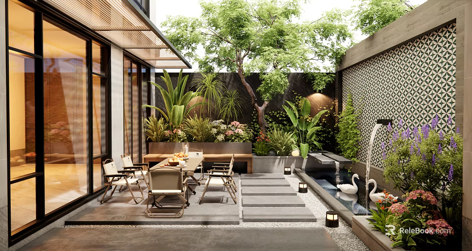 Modern Courtyard Garden with Outdoor Dining Area Green Plants Water Feature Stone Pathway and Lighting 3d model 