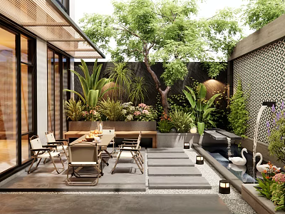 Modern Courtyard Garden with Outdoor Dining Area Green Plants Water Feature Stone Pathway and Lighting 3d model