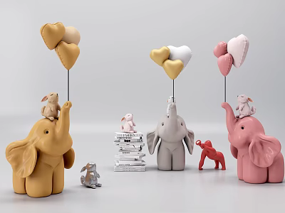 Colorful Elephant and Rabbit Plush Dolls with Heart Shaped Balloons and Stacked Books 3d model