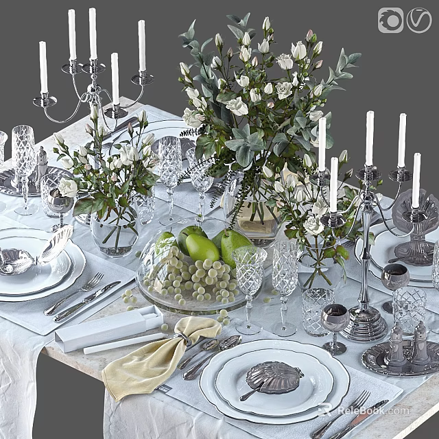 Elegant Tableware Set With Candelabra White Flowers Green Apples Glassware Plates And Silverware 3d model 