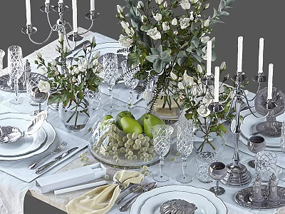 Elegant Tableware Set With Candelabra White Flowers Green Apples Glassware Plates And Silverware 3d model