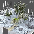 Elegant Tableware Set With Candelabra White Flowers Green Apples Glassware Plates And Silverware 3d model