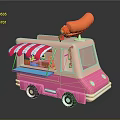 Cute Pink Toy Food Truck With Red White Striped Awning And Hot Dog On Top