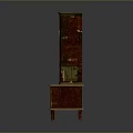 Vintage Wooden Cabinet Featuring Upper Bookshelf With Books And Red Gold Decorative Accents
