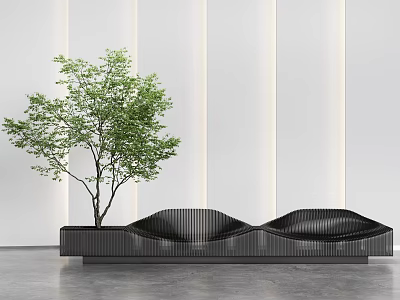 Modern Black Public Chair With Unique Curved Design And Green Tree Against White Wall 3d model