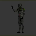 Futuristic Sci Fi Character In Helmet And Bodysuit With Green Glowing Accents Waving Hand