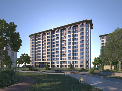 Modern Residential Building Exterior With Multiple Floors Large Windows Surrounded By Greenery Trees And Lawn 3d model