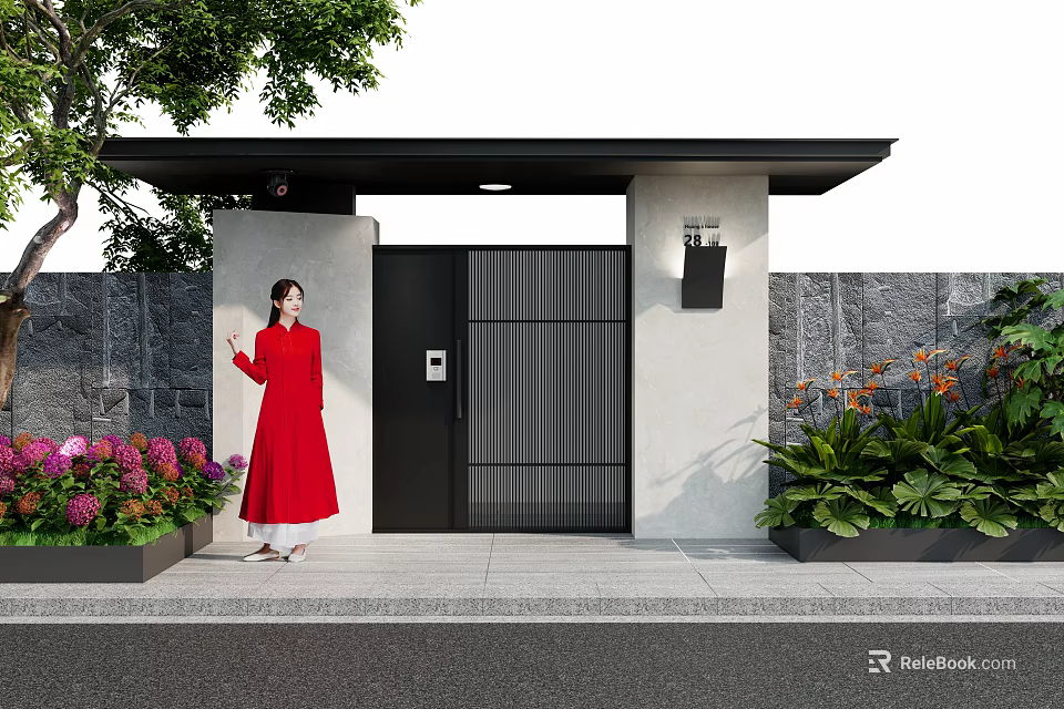 Garden Landscape Design With Modern Black Gate Green Plants Flower Beds And Stone Wall 3d model 