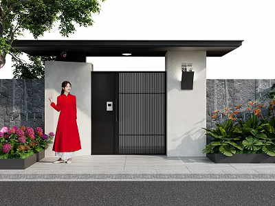 Garden Landscape Design With Modern Black Gate Green Plants Flower Beds And Stone Wall 3d model