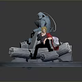Seated Blonde Character With Red Cape And Blue Glowing Creature On Circular Stone Wood Platform