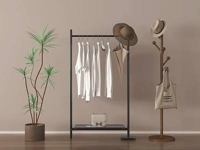 Stylish Doorbell in Modern Entryway with Clothes Rack Hats Plant and Bag 3d model