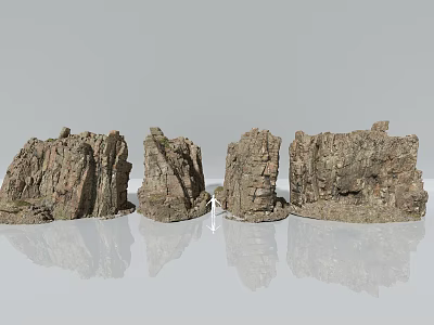 Four Textured Stone And Wood Combined Sculptures Displayed On Smooth Surface With Reflection 3d model