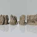 Four Textured Stone And Wood Combined Sculptures Displayed On Smooth Surface With Reflection