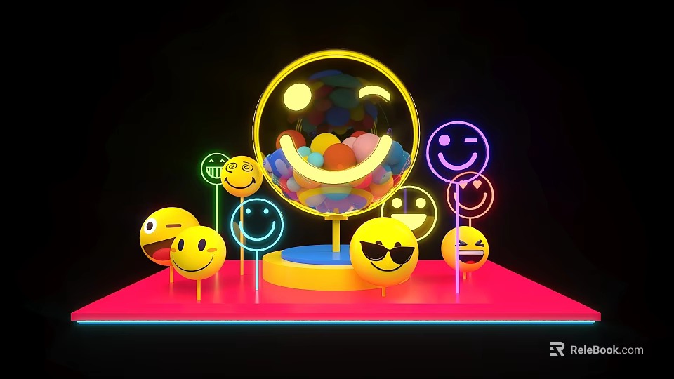 Colorful Emoji Themed Photo Spot With Neon Lights And Yellow Smiley Center 3d model 
