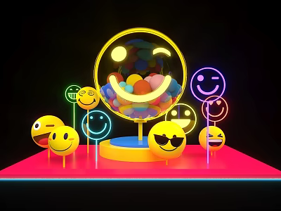 Colorful Emoji Themed Photo Spot With Neon Lights And Yellow Smiley Center 3d model