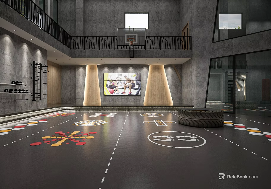 Indoor Multifunctional Fitness Space With Two Story Balcony Basketball Hoop Colorful Sports Markings And Tires 3d model 