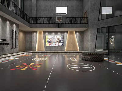 Indoor Multifunctional Fitness Space With Two Story Balcony Basketball Hoop Colorful Sports Markings And Tires 3d model