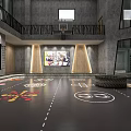 Indoor Multifunctional Fitness Space With Two Story Balcony Basketball Hoop Colorful Sports Markings And Tires