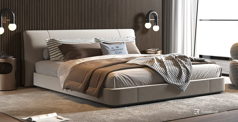 Modern Double Bed With Upholstered Headboard Pillows Blanket Wooden Panel Wall And Wall Lamp 3d model 
