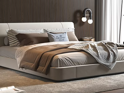 Modern Double Bed With Upholstered Headboard Pillows Blanket Wooden Panel Wall And Wall Lamp 3d model
