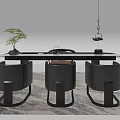 Modern Tea Table and Leather Chairs with Marble Top Hanging Lamp and Potted Plant