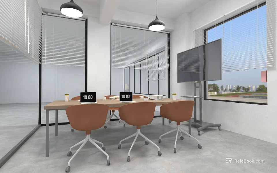 Modern Meeting Room Interior With Conference Table Brown Chairs Windows And Blinds 3d model 