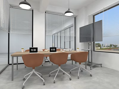 Modern Meeting Room Interior With Conference Table Brown Chairs Windows And Blinds 3d model