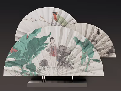 Traditional Chinese Fan Hanging Decor With Figure Plant And Bird Paintings 3d model