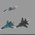 Three Light Blue and Gray Fighter Jets Flying with Trails Against Dark Background