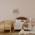 Cute Children's Bed with Bear Ear Headboard Wooden Toddler Cot Pink Walls and Cat Decor
