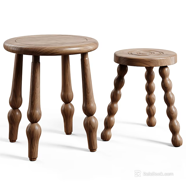 Two Wooden Round Stools With Different Bulbous And Twisted Leg Designs 3d model 