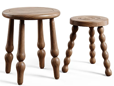Two Wooden Round Stools With Different Bulbous And Twisted Leg Designs 3d model