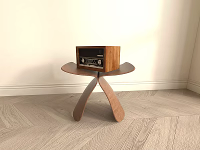 Wooden Side Table with Unique Triangular Legs and Vintage Radio on Top in Modern Room 3d model