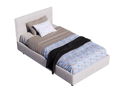 Single Bed With Light Gray Frame Headboard Blue Patterned Sheet Brown Black Blankets And Pillows 3d model