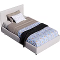 Single Bed With Light Gray Frame Headboard Blue Patterned Sheet Brown Black Blankets And Pillows 3d model