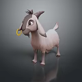 Cute Horned Cartoon Goat Holding Yellow Ring In Mouth On Gray Background With Ground Reflection