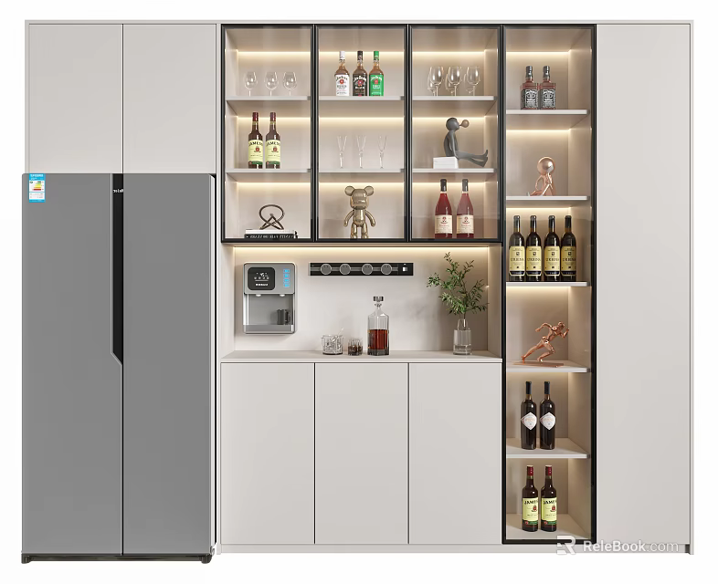 Modern Wine Cabinet Interior With Wine Bottles Glasses Decorative Items And Potted Plant 3d model 
