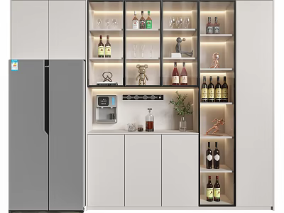 Modern Wine Cabinet Interior With Wine Bottles Glasses Decorative Items And Potted Plant 3d model
