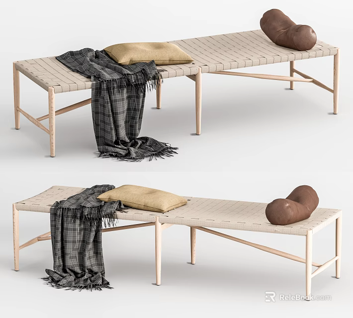 Modern Woven Ottoman with Wooden Frame Plush Pillow and Textured Throw Blanket 3d model 