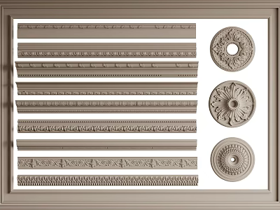 Diverse Gypsum Cornice Designs With Intricate Patterns And Circular Rosettes For Interior Decoration 3d model