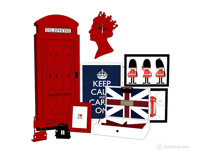 British Theme Decorative Ornament Set Featuring Red Telephone Booth Queen Silhouette Royal Guards And Union Jack 3d model 