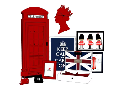 British Theme Decorative Ornament Set Featuring Red Telephone Booth Queen Silhouette Royal Guards And Union Jack 3d model