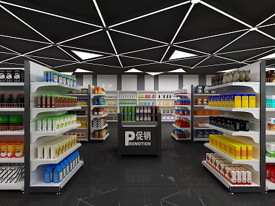 Modern Supermarket Interior With Well Stocked Shelves Various Grocery Products And Promotion Area 3d model