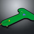 Mini Golf Putting Green T Shaped With Yellow Putter White Ball Purple Cone Blue Triangle