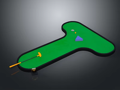 Mini Golf Putting Green T Shaped With Yellow Putter White Ball Purple Cone Blue Triangle 3d model